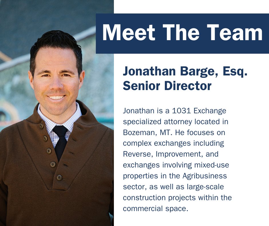 Meet Jonathan Barge, Senior Director at Accruit. A key member of our Subject Matter Expert team, he specializes in Reverse, Improvement, and mixed-use property exchanges in Agribusiness. He educates, speaks on #1031exchange topics, &amp; advocates on Capitol Hill. #Revolutionize1031