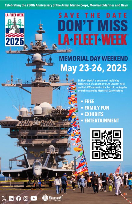 City of Los Angeles (@lacity) on Twitter photo 🇺🇸⚓📅 SAVE THE DATE! #LAFleetWeek returns to the <a href="/PortofLA/">Port of Los Angeles</a> on the <a href="/LAWaterfront/">LA Waterfront</a> starting tomorrow, May 23–26. Celebrate our nation's Sea Services with ship tours, exhibits, family fun, live entertainment & more this Memorial Day Weekend! 🔗 lafleetweek.com 🇺🇸⚓📅 SAVE THE DATE! #LAFleetWeek returns to the <a href="/PortofLA/">Port of Los Angeles</a> on the <a href="/LAWaterfront/">LA Waterfront</a> starting tomorrow, May 23–26. Celebrate our nation's Sea Services with ship tours, exhibits, family fun, live entertainment & more this Memorial Day Weekend! 🔗 lafleetweek.com