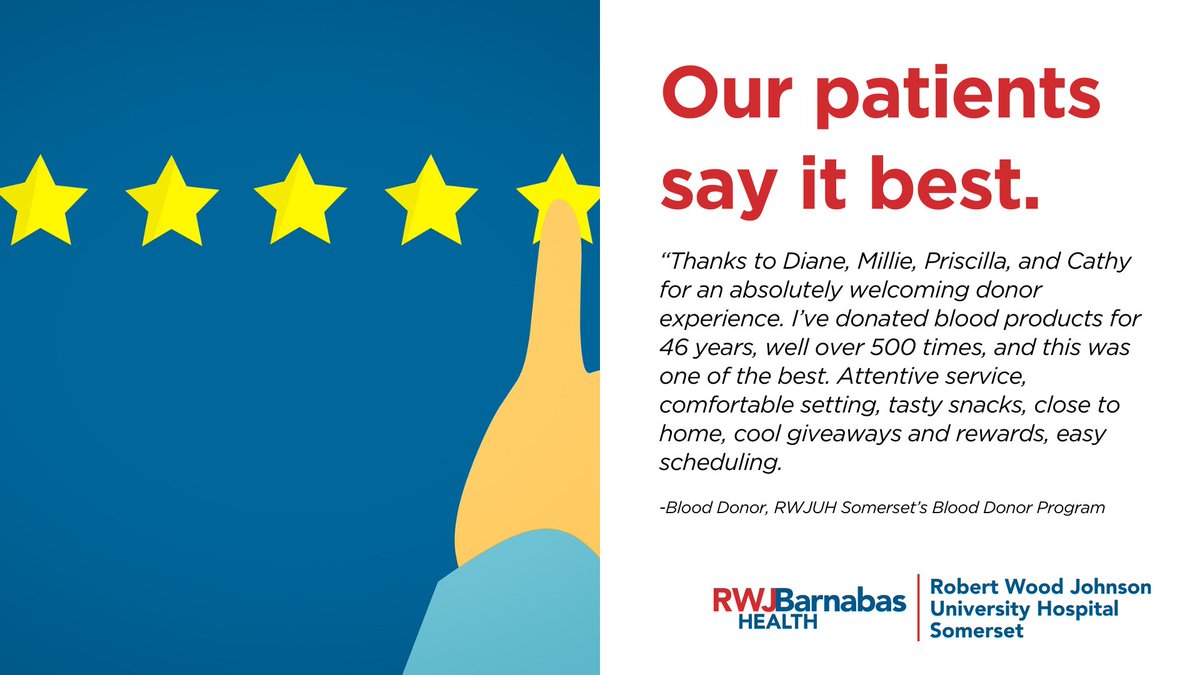 RWJUH Somerset (@rwjsomerset) on Twitter photo Shout out to RWJUH Somerset's Blood Donor Services Team! 🩸
Become a donor today!  To learn more visit, ow.ly/q7ku50VTnAT Shout out to RWJUH Somerset's Blood Donor Services Team! 🩸
Become a donor today!  To learn more visit, ow.ly/q7ku50VTnAT