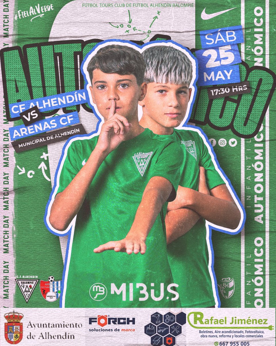 Fútbol Tours CF Alhendín Balompié (@balompiecf) on Twitter photo 🟢 | Iɴғᴀɴᴛɪʟ Aᴜᴛᴏɴᴏ́ᴍɪᴄᴏ | ②④-②⑤ 🟢
🏠 𝖥𝗎́𝗍𝖻𝗈𝗅 𝖳𝗈𝗎𝗋𝗌 𝖢.𝖥. 𝖠𝗅𝗁𝖾𝗇𝖽𝗂́𝗇 𝖡𝖺𝗅𝗈𝗆𝗉𝗂𝖾́
🆚 Arenas CF
🏆 𝙅𝙊𝙍𝙉𝘼𝘿𝘼 30 | 𝙂𝙍𝙐𝙋𝙊 2
📆 25/05
⏰ 17:30h
🎟 𝙴𝙽𝚃𝚁𝙰𝙳𝙰 - 3 €
🏟️ Municipal De Alhendín
💚🤍💚
<a href="/Ayto_Alhendin/">AyuntamientoAlhendín</a>
#FielAlVerde
#CFAB 🟢 | Iɴғᴀɴᴛɪʟ Aᴜᴛᴏɴᴏ́ᴍɪᴄᴏ | ②④-②⑤ 🟢
🏠 𝖥𝗎́𝗍𝖻𝗈𝗅 𝖳𝗈𝗎𝗋𝗌 𝖢.𝖥. 𝖠𝗅𝗁𝖾𝗇𝖽𝗂́𝗇 𝖡𝖺𝗅𝗈𝗆𝗉𝗂𝖾́
🆚 Arenas CF
🏆 𝙅𝙊𝙍𝙉𝘼𝘿𝘼 30 | 𝙂𝙍𝙐𝙋𝙊 2
📆 25/05
⏰ 17:30h
🎟 𝙴𝙽𝚃𝚁𝙰𝙳𝙰 - 3 €
🏟️ Municipal De Alhendín
💚🤍💚
<a href="/Ayto_Alhendin/">AyuntamientoAlhendín</a>
#FielAlVerde
#CFAB