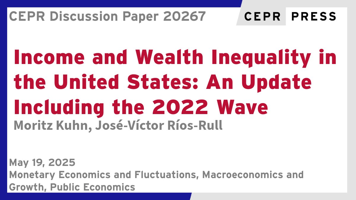 CEPR (@cepr_org) on Twitter photo New CEPR Discussion Paper - DP20267
Income and Wealth #Inequality in the United States: An Update Including the 2022 Wave
<a href="/kuhnmo/">Moritz Kuhn</a> <a href="/EconUniMannheim/">Department of Economics, University of Mannheim</a>, José-Víctor Ríos-Rull <a href="/penneconomics/">Penn Economics Department</a>
ow.ly/JSbp50VVsCz
#CEPR_MEF #CEPR_MG #CEPR_PE #EconTwitter New CEPR Discussion Paper - DP20267
Income and Wealth #Inequality in the United States: An Update Including the 2022 Wave
<a href="/kuhnmo/">Moritz Kuhn</a> <a href="/EconUniMannheim/">Department of Economics, University of Mannheim</a>, José-Víctor Ríos-Rull <a href="/penneconomics/">Penn Economics Department</a>
ow.ly/JSbp50VVsCz
#CEPR_MEF #CEPR_MG #CEPR_PE #EconTwitter