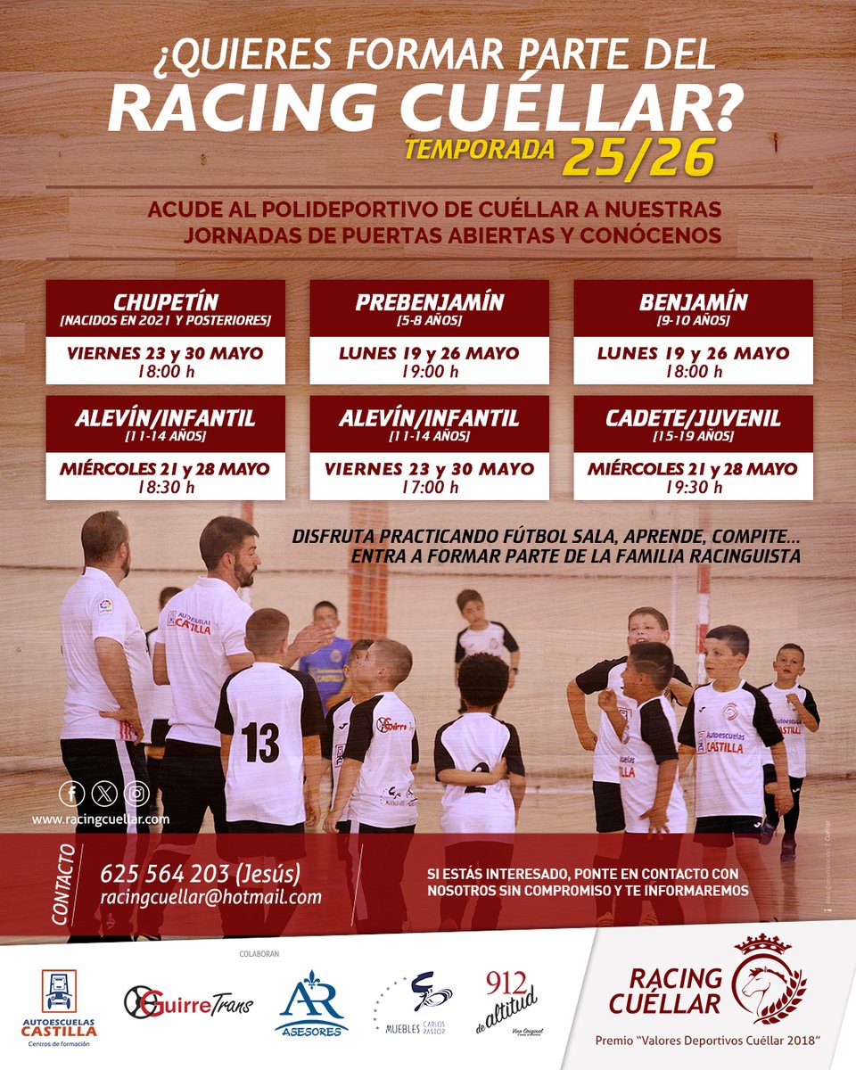 rcuellarfs's tweet photo. JORNADAS DE PUERTAS ABIERTAS
Para todos aquellos que quieran ser parte de la #FamiliaRacingCuéllar, abrimos jornadas de puertas abiertas. Entrenamientos abiertos, sin compromiso, en el polideportivo de #Cuéllar.
#SoyDelRacingCuéllar https://t.co/hjQ7f5gUBt
