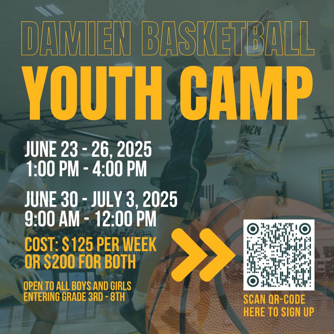The Damien Basketball Youth Camp returns💚💛🏀 All 3rd-8th graders are invited to improve their SKILLS this Summer! Registration is now open!

Week 1 — June 23rd - 26th (1PM-4PM)
Week 2 — June 30th - July 3rd (9AM-12PM)

Registration is open link in bio &amp; QR code!