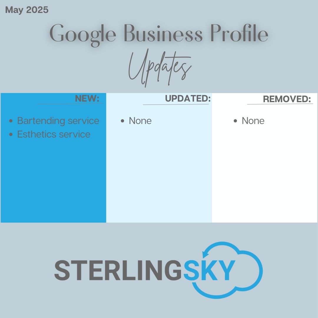 🚨GBP Updates - May 2025!🚨

New Categories Added:
Bartending Service 🍹
Esthetics Service 💆‍♀️

No categories removed or updated this month! Keep your listings up to date and stay ahead! ✅

🔗 For details: sterlingsky.ca/google-my-busi…
