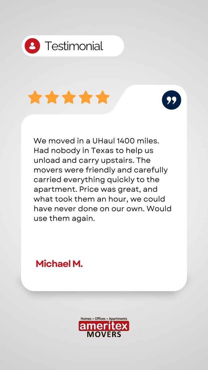 AmeritexMovers's tweet image. Customer Review! 💬🌟

Thank you for trusting us! Ready for a smooth, stress-free move? Let Ameritex Movers help make it happen! 🚛📦

#AmeritexMovers #CustomerTestimonial #StressFreeMoving