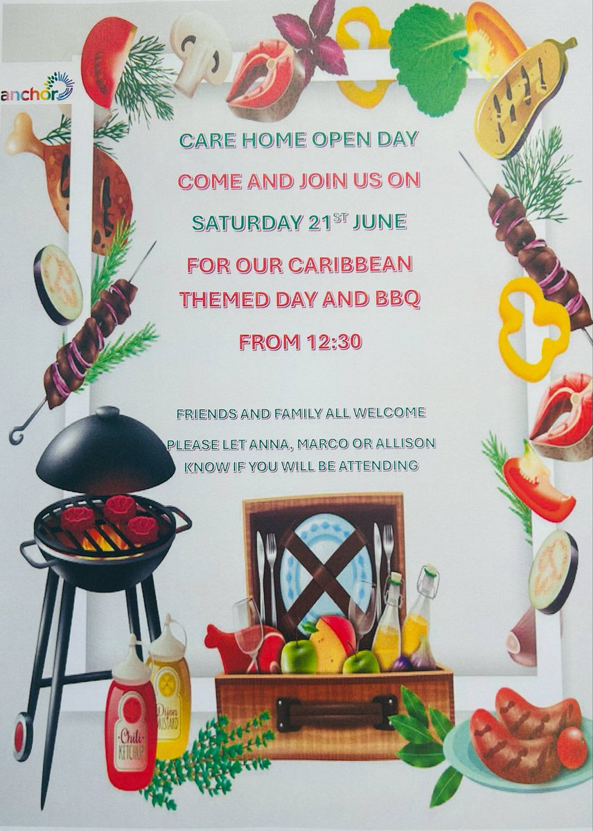 Care Home Open Day – Caribbean Themed BBQ! 🔥🌴 Join us on Saturday 21st June from 12:30 for a fun-filled afternoon with family, friends, and island vibes! Please let Anna, Marco, or Allison know if you’ll be attending🤩