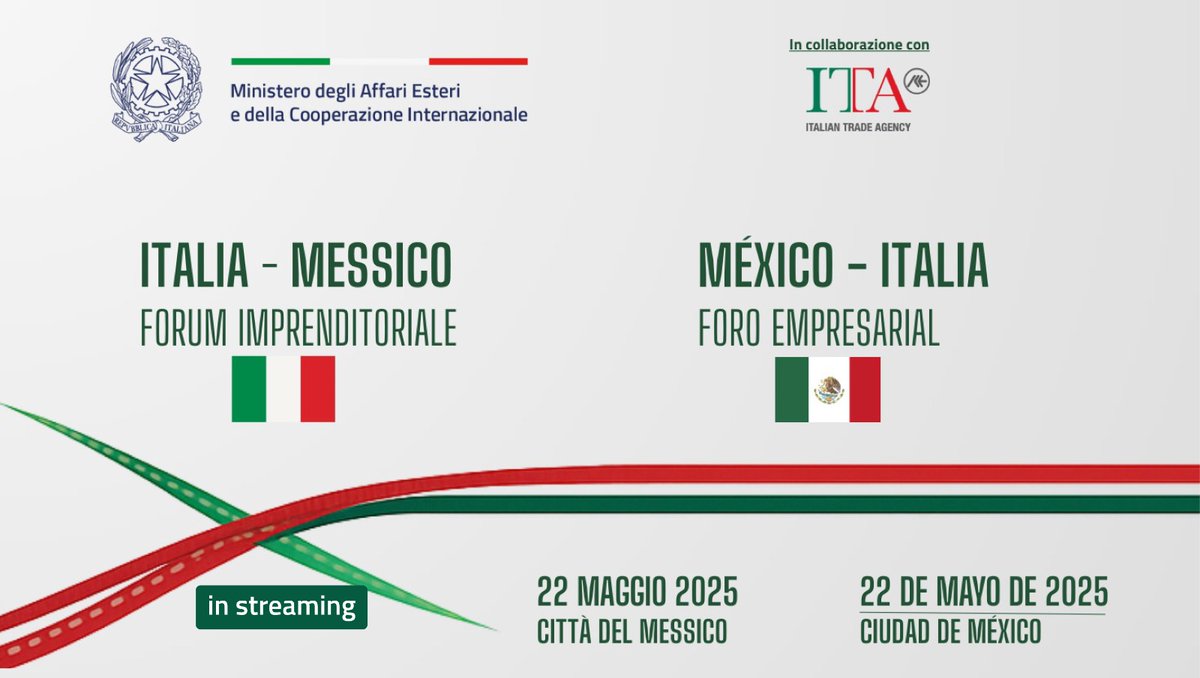 Farnesina 🇮🇹 (@italymfa) on Twitter photo #CittàdelMessico | Il Ministro <a href="/Antonio_Tajani/">Antonio Tajani</a> e il Ministro dell’Economia messicano <a href="/m_ebrard/">Marcelo Ebrard C.</a>, aprono il forum imprenditoriale 🇮🇹🇲🇽 con <a href="/ITAtradeagency/">Italian Trade Agency</a>, @gruppocdp, <a href="/SACEgroup/">SACE</a>, <a href="/SIMEST_IT/">SIMEST</a>, <a href="/Confindustria/">Confindustria</a> e le controparti messicane.
Segui la diretta ⬇️
youtube.com/live/iaoLddloL… #CittàdelMessico | Il Ministro <a href="/Antonio_Tajani/">Antonio Tajani</a> e il Ministro dell’Economia messicano <a href="/m_ebrard/">Marcelo Ebrard C.</a>, aprono il forum imprenditoriale 🇮🇹🇲🇽 con <a href="/ITAtradeagency/">Italian Trade Agency</a>, @gruppocdp, <a href="/SACEgroup/">SACE</a>, <a href="/SIMEST_IT/">SIMEST</a>, <a href="/Confindustria/">Confindustria</a> e le controparti messicane.
Segui la diretta ⬇️
youtube.com/live/iaoLddloL…