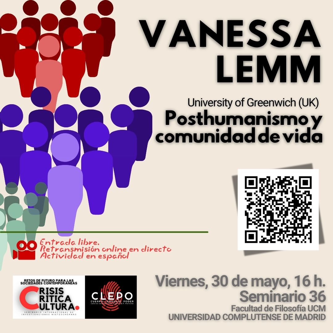 FiloSociedadUCM's tweet image. Seminario Crisis Crítica Cultura
5ª sesión
📕 Posthumanismo y comunidad de vida
🗣️Vanessa Lemm (U. Greenwich)
🗓️30 de mayo - 16 h.
🏠Seminario 36 - Facultad de Filosofía UCM