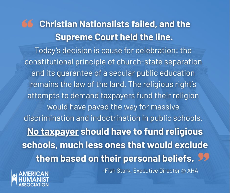 americnhumanist's tweet image. Victory: Oklahoma’s plan for a religious charter school was just blocked by a 4-4 Supreme Court decision.

“Christian Nationalists failed, and the Supreme Court held the line.” – Fish Stark, AHA

#SCOTUS #PublicEducation #Humanists