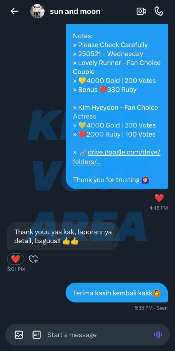 💌 SOLD [250521]

• IDOLCHAMP &amp; MY1PICK - Fan Choice Actress
❤️2.000 Ruby | 100 Votes
💛4.000 Gold | 200 Votes
For: #KimHyeyoon

• MY1PICK - Fan Choice Couple
💛4.000 Gold | 200 Votes
+ Bonus ❤️380 Ruby | 19 Votes
For: #LovelyRunner

Thank you for trusting!
#KPOPVOTEAREA_PROOF