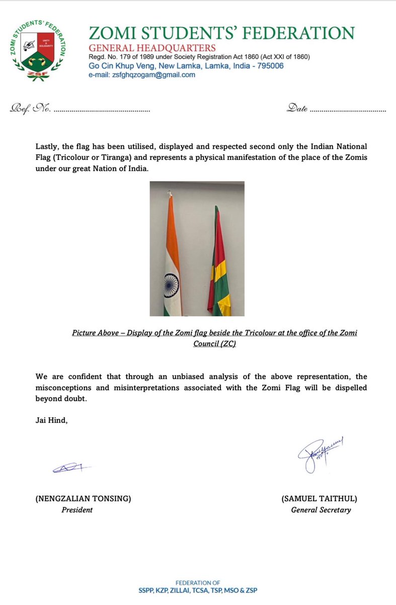 Clarification on the misconceptions and misinterpretations of ZOMI FLAG.

Cc: <a href="/official_dgar/">The Assam Rifles</a> <a href="/Spearcorps/">SpearCorps.IndianArmy</a> <a href="/adgpi/">ADG PI - INDIAN ARMY</a> <a href="/SpokespersonMoD/">Ministry of Defence, Government of India</a>