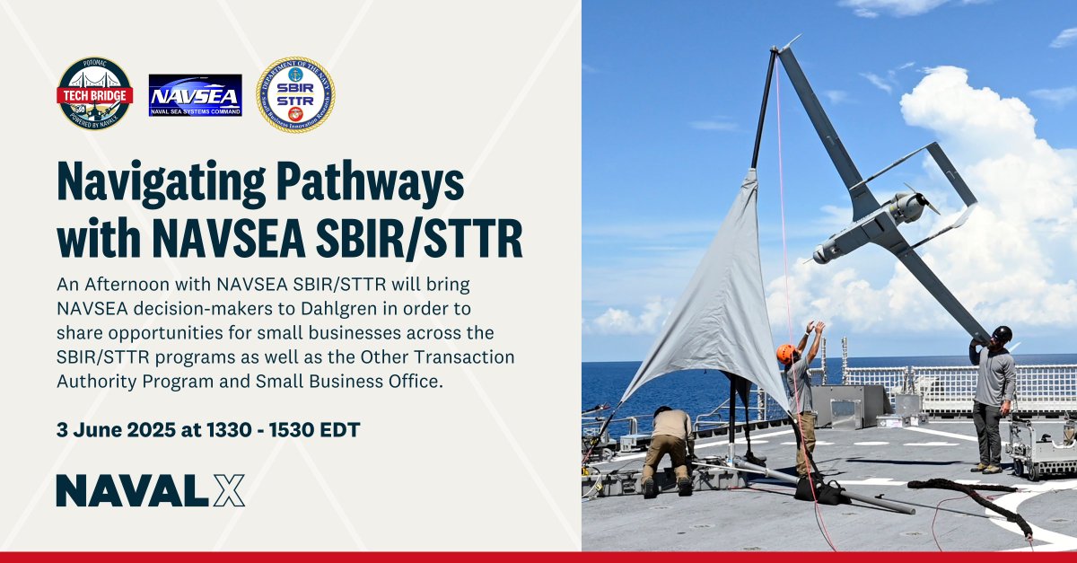 Ready to scale your tech?

Join the NavalX Potomac Tech Bridge for an afternoon with NAVSEA SBIR/STTR and discover available small businesses partnership opportunities.

🔗 hubs.la/Q03ndmV20