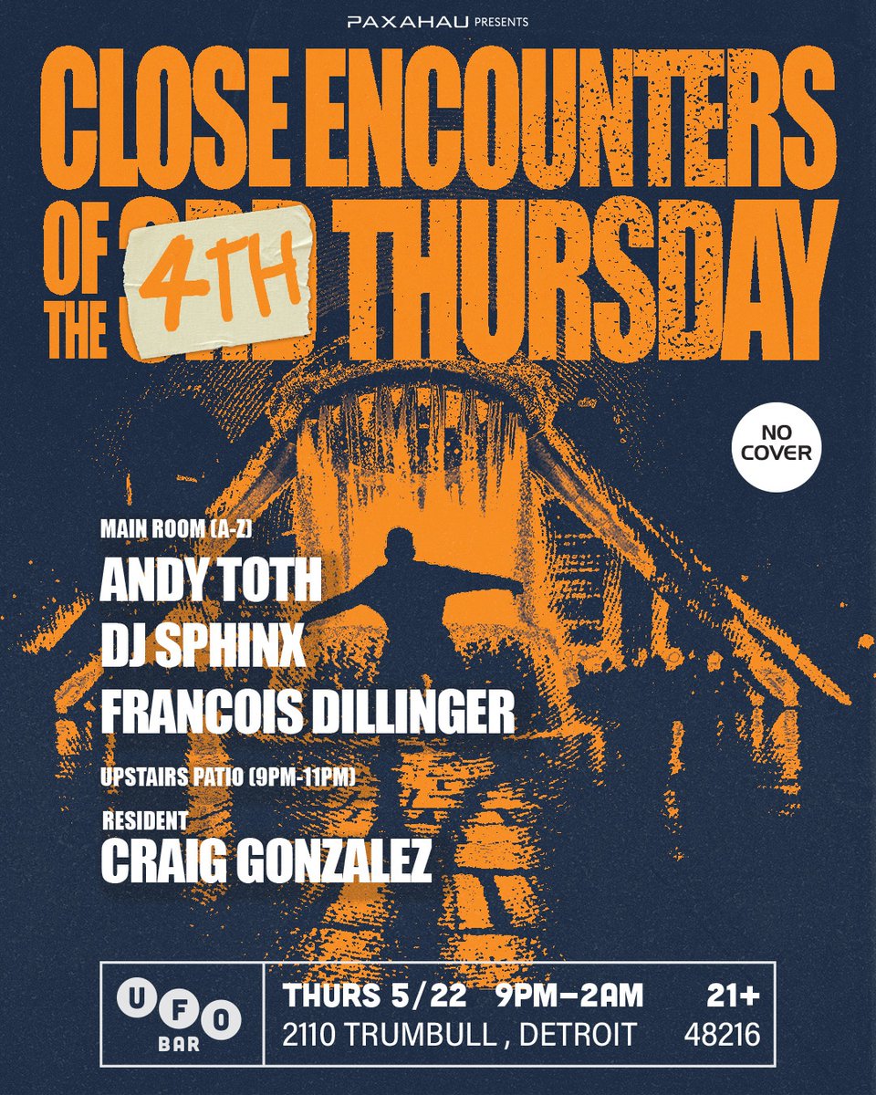 TONIGHT!⁠
⁠
Close Encounters of the 3rd - technically, 4th - Thursday touches down at UFO Bar with resident Craig Gonzalez plus Andy Toth, DJ Sphinx, and Fracois Dillinger 🔊⁠
⁠
No cover for earthlings. See you on the other side 🛸✨