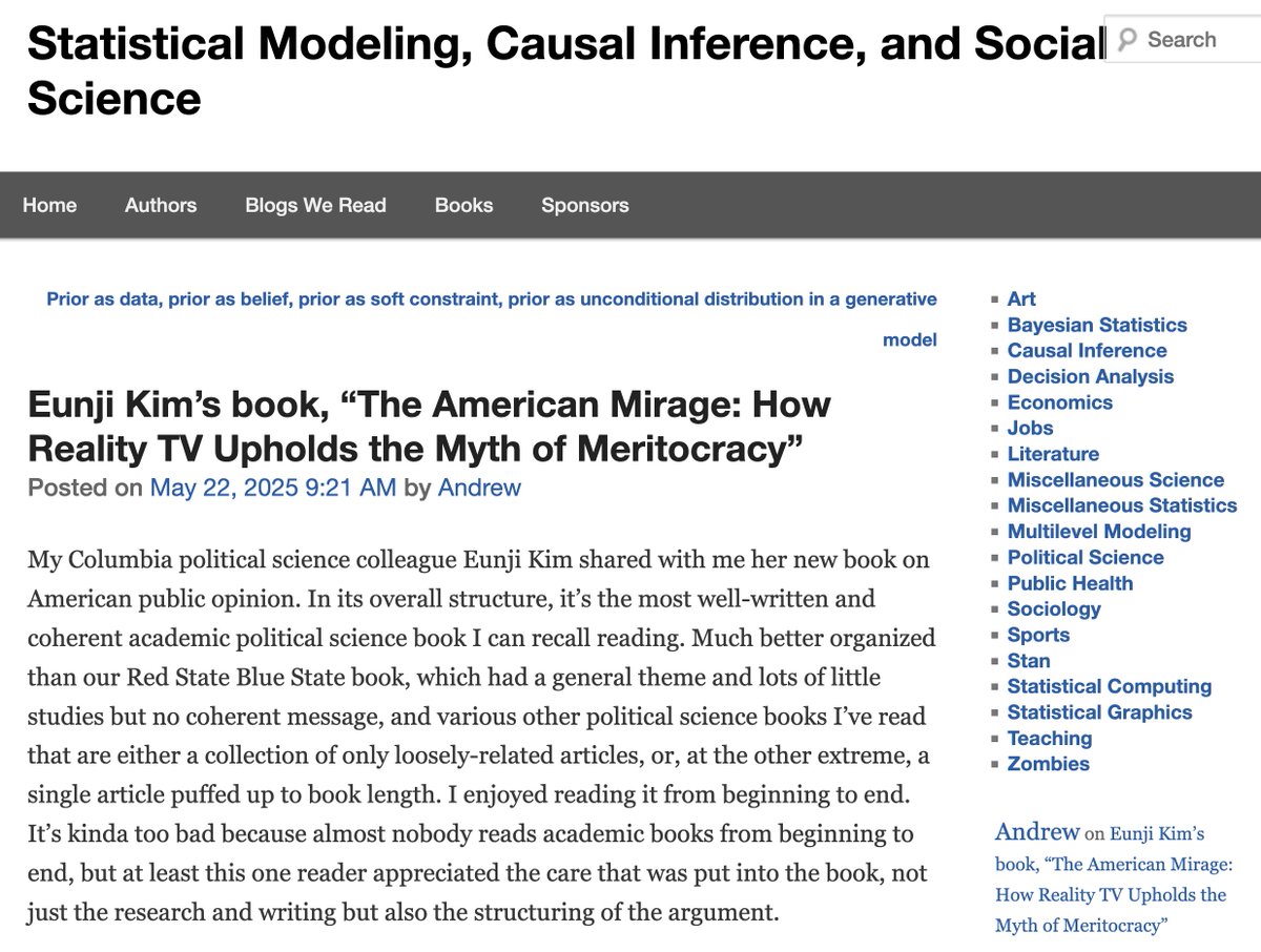 Eunji Kim (@eunjikim_media) on Twitter photo So honored (and amazed!) that Andrew Gelman <a href="/StatModeling/">Andrew Gelman et al.</a> —my senior colleague—read The American Mirage cover to cover and wrote such a thoughtful review on his blog. Grateful for his generosity and sharp eye.
statmodeling.stat.columbia.edu/2025/05/22/eun… So honored (and amazed!) that Andrew Gelman <a href="/StatModeling/">Andrew Gelman et al.</a> —my senior colleague—read The American Mirage cover to cover and wrote such a thoughtful review on his blog. Grateful for his generosity and sharp eye.
statmodeling.stat.columbia.edu/2025/05/22/eun…