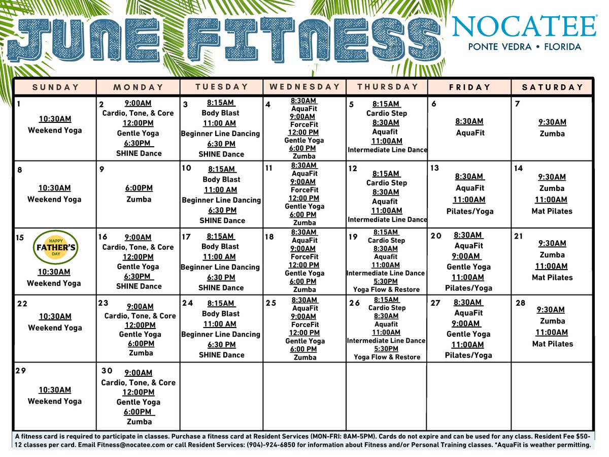 ☀️Summer is here, and so is your June Fitness Calendar! 💪
Get ready to move, groove, and make a splash with resident favorites like Aquafit, Yoga, and Line Dancing!