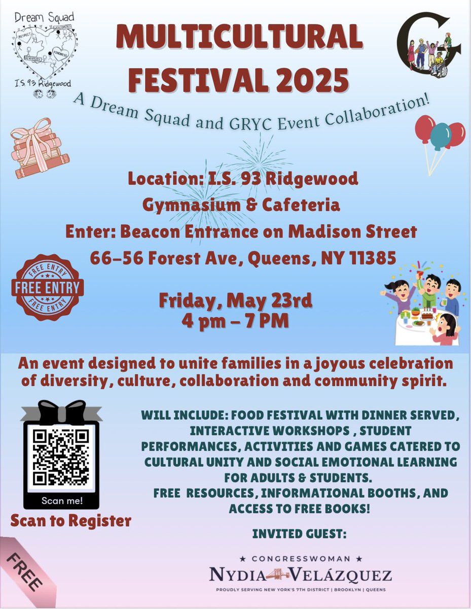 nycCoRe's tweet photo. Join us tomorrow for a Multicultural Festival hosted by the Greater Ridgewood Youth Council and the IS 93 Dream Squad. 

This event is in partnership with @NydiaVelazquez.

Free resources will be available. And stop by for family, fun activities! https://t.co/O99NZlkwAe