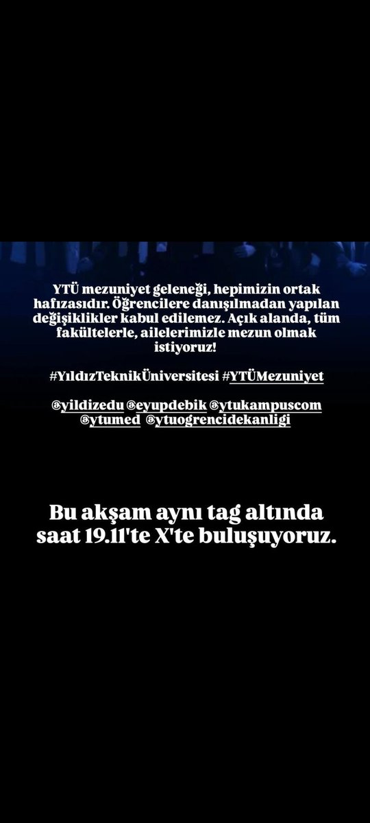 tuliinsenn's tweet photo. YTÜ mezuniyet geleneği, hepimizin ortak hafızasıdır. Öğrencilere danışılmadan yapılan değişiklikler kabul edilemez. Açık alanda, tüm fakültelerle, ailelerimizle mezun olmak istiyoruz!
@YildizEdu @eyupdebik @ytukampuscom @_ytumed @YtuOdek 
#YıldızTeknikÜniversitesi #YTÜMezuniyet https://t.co/nqS5Lv8sp8