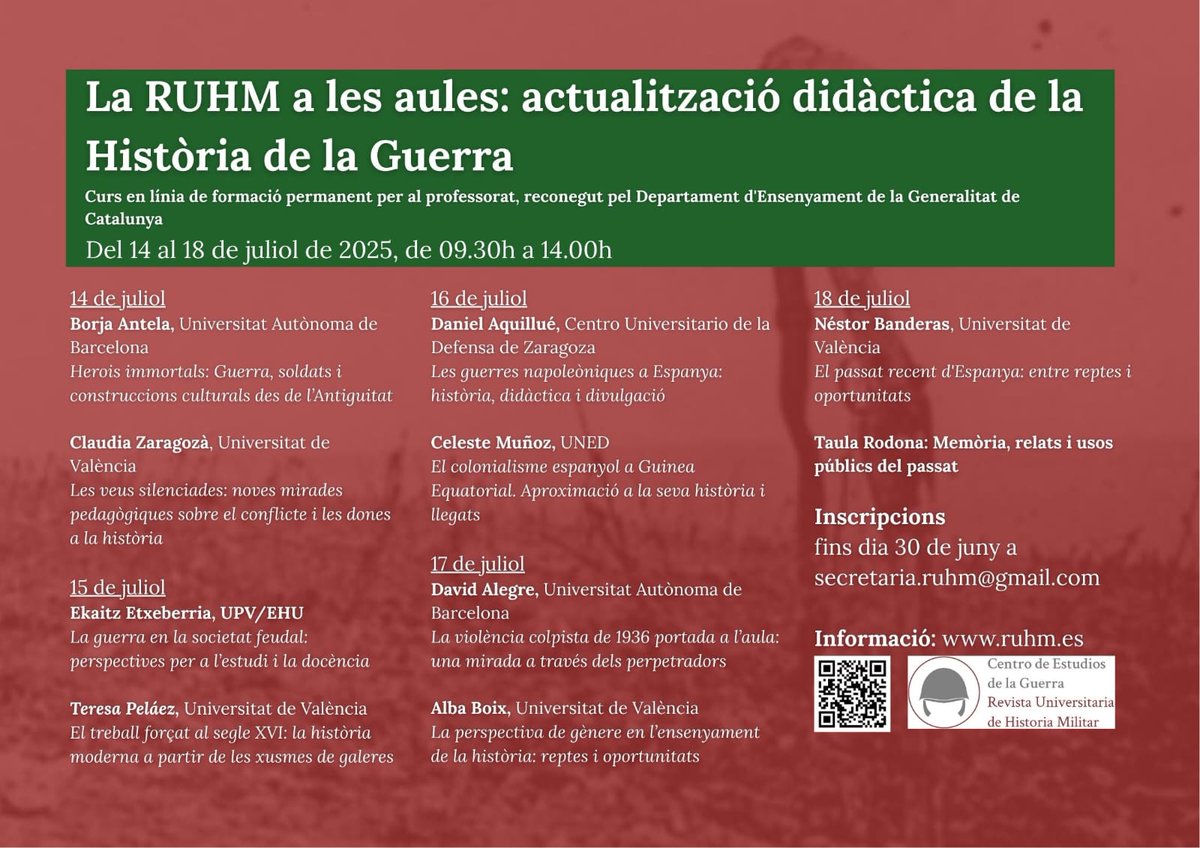 📢 NOVEDADES EN LA RUHM 📢

🧑‍💼 Curso de formación permanente para profesorado: 30 horas (acreditado por el Departament d'Ensenyament de la Generalitat de Catalunya).

📅 14-18 de julio de 2025
🖥 Formato virtual (Teams)
⏳ Fecha máxima de inscripción: 30 de junio

Más info 👇