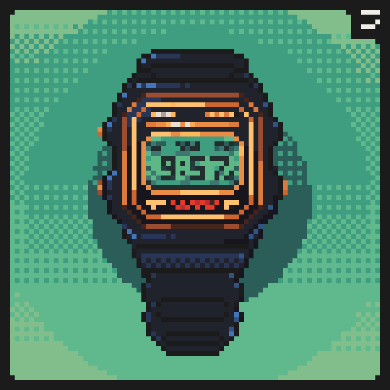 jerecorea's tweet photo. Pixel art del clásico Casio F-91W
懐かしい時計のドット絵を描きました⌚✨
#pixelart #ドット絵 #CasioF91W https://t.co/8ZWifBVVfI