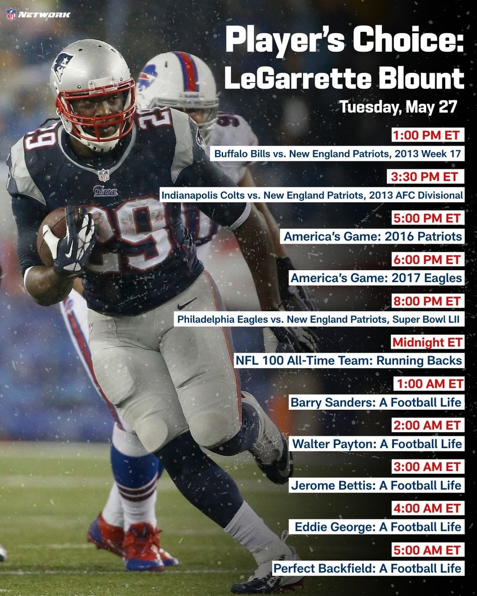 NFL Media (@nflmedia) on Twitter photo Player's Choice programming on <a href="/nflnetwork/">NFL Network</a> continues Tuesday w/ 3-time Super Bowl champion RB <a href="/LG_Blount/">LeGarrette Blount</a>
๐บ| Tuesday, May 27 on <a href="/nflnetwork/">NFL Network</a> Player's Choice programming on <a href="/nflnetwork/">NFL Network</a> continues Tuesday w/ 3-time Super Bowl champion RB <a href="/LG_Blount/">LeGarrette Blount</a>
๐บ| Tuesday, May 27 on <a href="/nflnetwork/">NFL Network</a>
