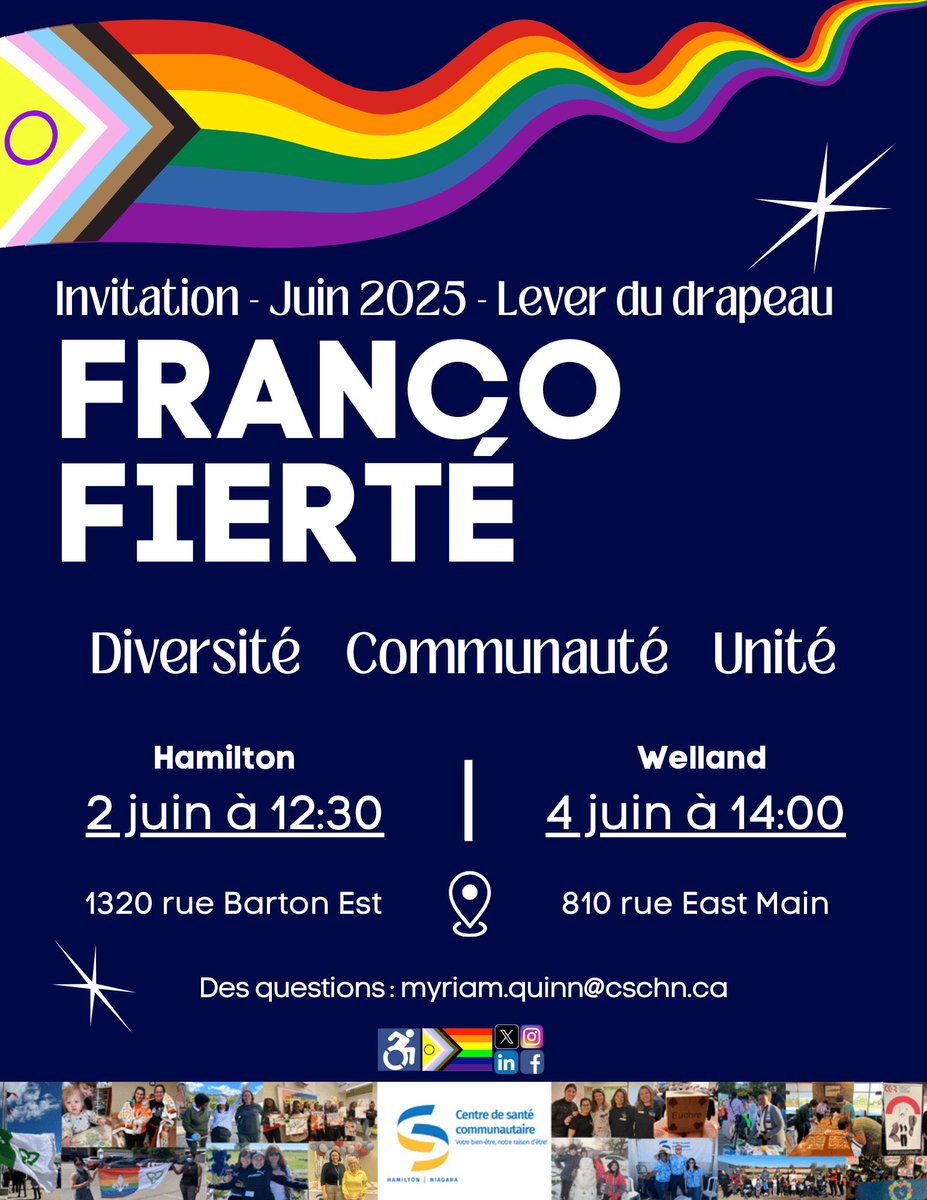 Invitation à venir souligner notre 5e lever du drapeau Franco-Fierté à Hamilton au 1320 rue Barton Est et notre 8e à Welland au 810 rue East Main!
À Hamilton le 2 juin à 12:30
À Welland le 4 juin à 14:00
Rendez-vous près des drapeaux ❤️🧡💛💚💙💜