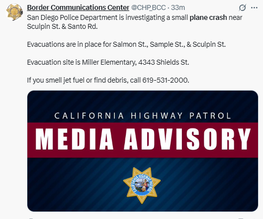 geotechwar's tweet photo. 5/
BCC: The San Diego Police Department is investigating a small plane crash near Sculpin St. & Santo Rd. #Plane_Crashed #SanDiego
Evacuations are in place for Salmon St., Sample St., & Sculpin St.
The evacuation site is Miller Elementary, 4343 Shields St.
If you smell jet fuel or find debris, call 619-531-2000.