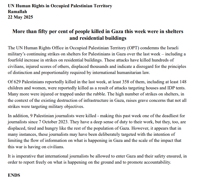 🔴De los 629 palestinos que murieron la semana pasada en #Gaza, más de la mitad, al menos 358 de ellos, entre los que había al menos 148 niños y mujeres, perdieron la vida como consecuencia de ataques israelíes contra viviendas y tiendas de desplazados internos.