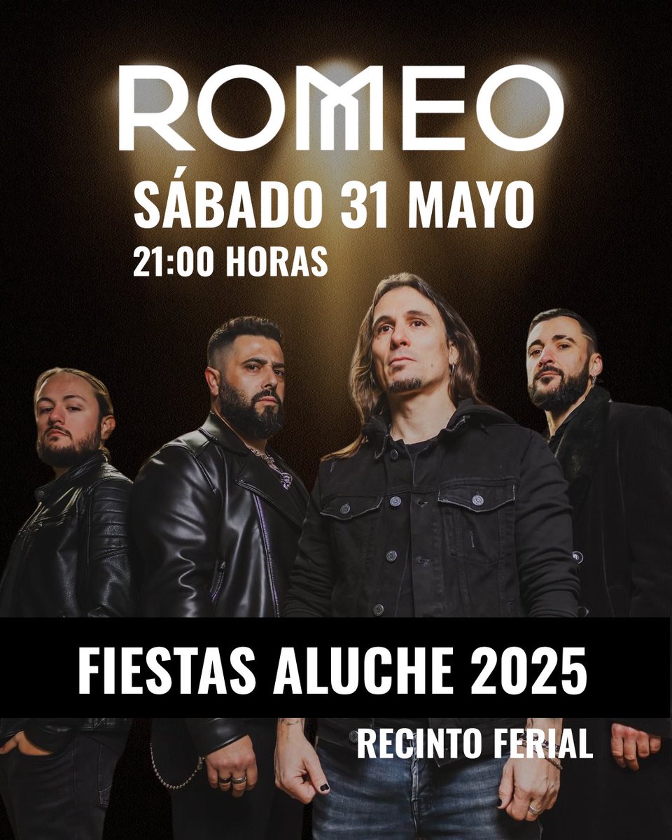 🎸 ¡ROMEO EN ALUCHE 2025! 🎸
El 31 de mayo estaremos en un concierto gratuito y al aire libre en Madrid.
📍 Recinto Ferial Parque de Aluche
C/ Illescas, 149 (esq. C/ Tembleque, 75)
🕘 21:00 h
🖤 ¡os esperamos!

#romeooficiales #OrigenRomeo #FiestasDeAluche #RockEnVivo #RomeoMusic