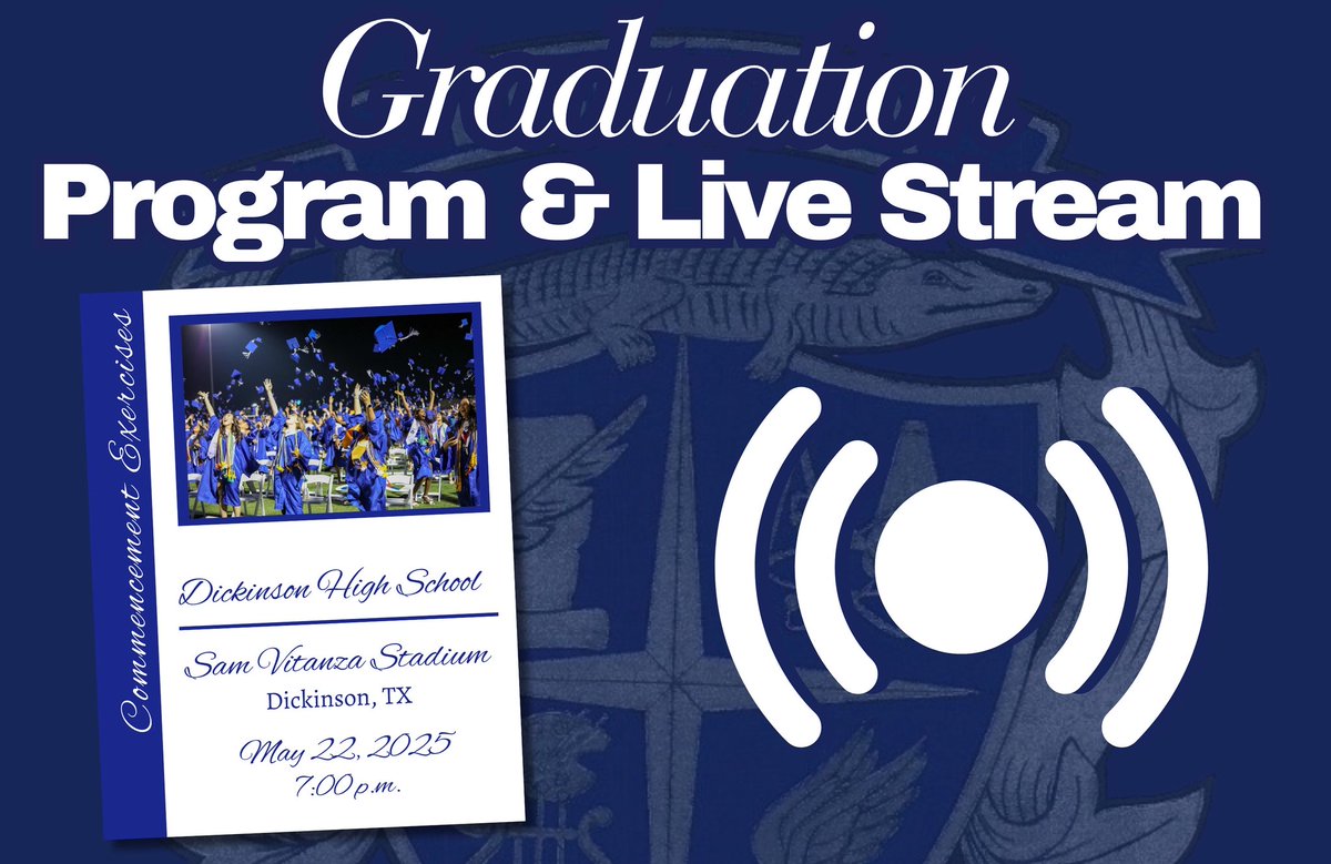 We can’t wait to see you at Graduation tonight at Sam Vitanza Stadium!

Check out our Linktree for:
• The digital graduation program
• The live stream courtesy of Gator Nation Media
• Ordering a video of tonight’s ceremony to keep the memories forever!

linktr.ee/dickinsonisd?f…