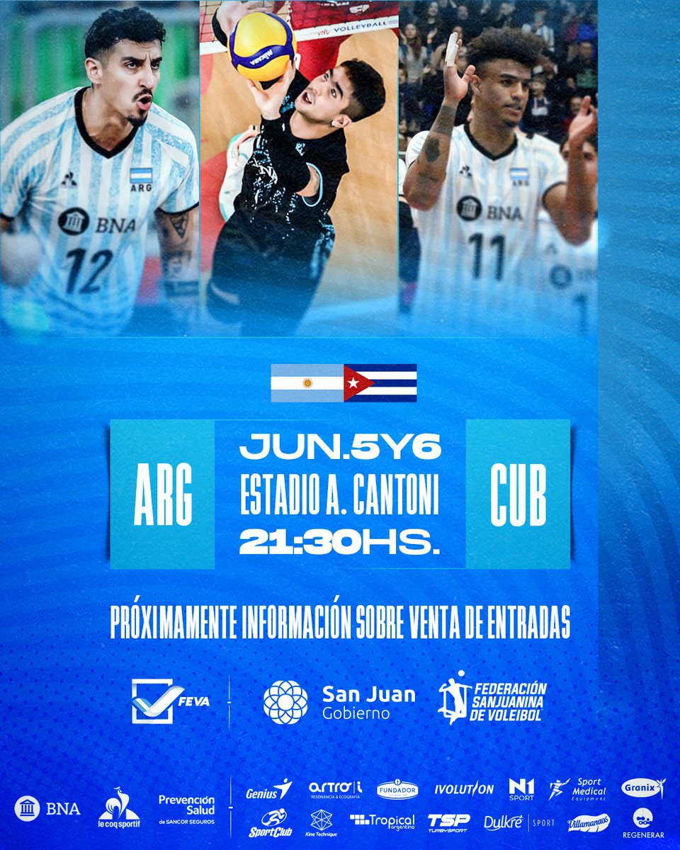 🏐🇦🇷 ¡La Selección masculina juega en San Juan en la previa del viaje al primer weekend de la #VNL 🙌! 

👉 El equipo dirigido por Marcelo Méndez enfrentará a Cuba en el Estadio Aldo Cantoni el 5 y 6 de junio

¡En breve toda la info para comprar las entradas!