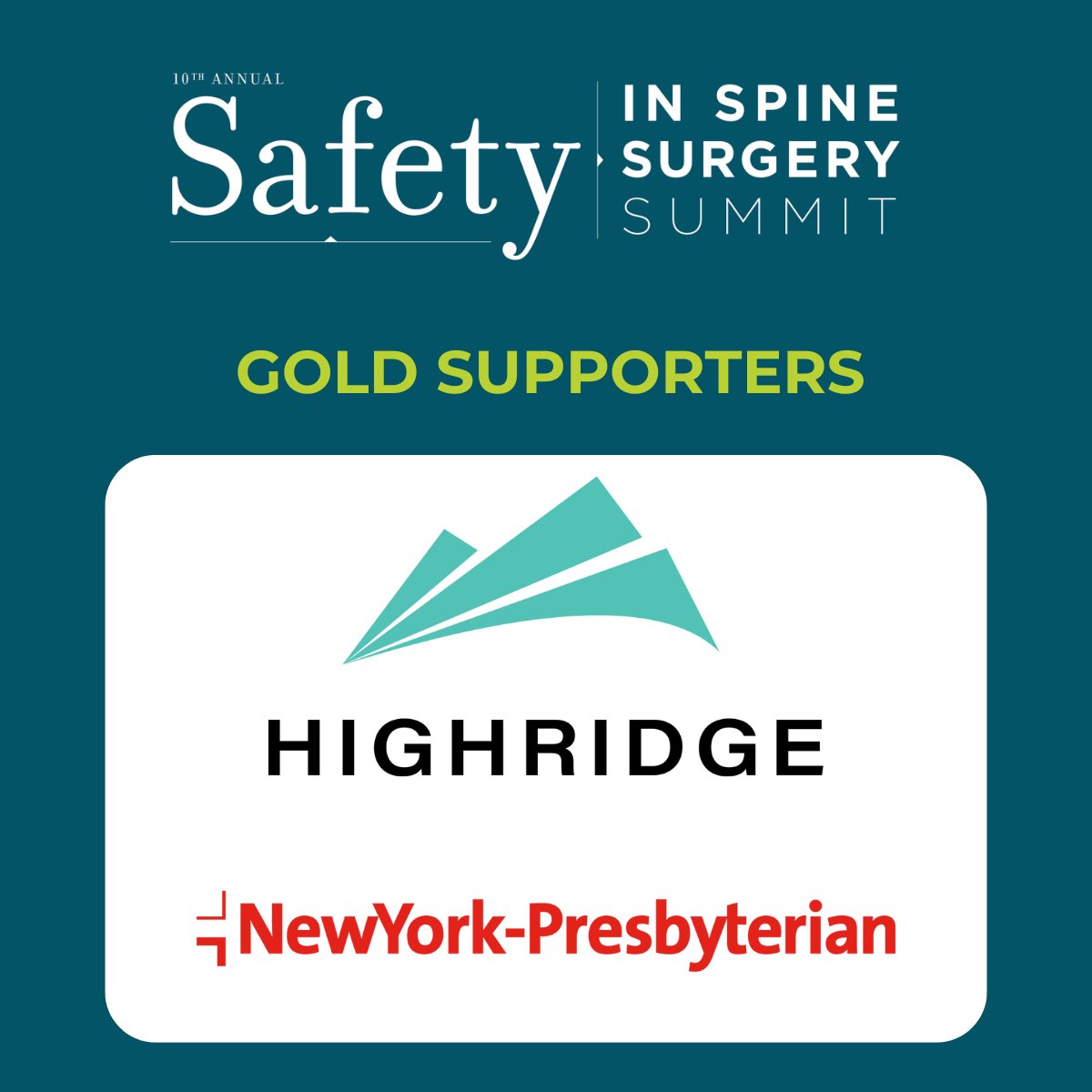 The Safety in Spine Surgery Project would like to gratefully acknowledge Highridge Medical and NewYork-Presbyterian Hospital for their Gold level support of the Safety Summit! Their support helps us move closer to our goal of "Zero Harm" spine surgery.

#spine #spinesurgery