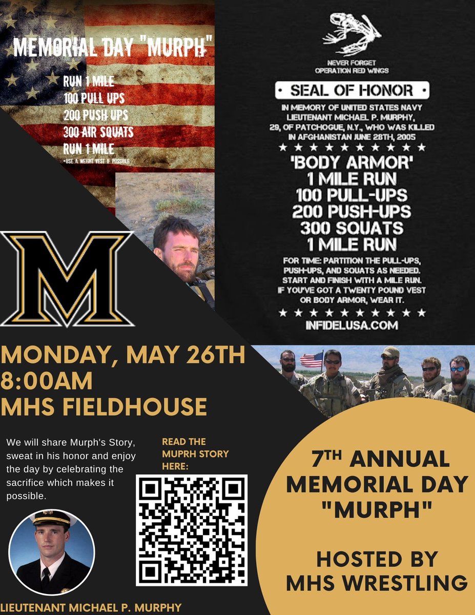 coachb_holtrop's tweet image. Memorial Day weekend is about more than soaking up the sun and the pools opening for summer. We will be sweating in honor of those lost in defense of our great nation before we enjoy our hot dogs on Monday. This us a community event at which everyone is welcome!
#WarriorMentality