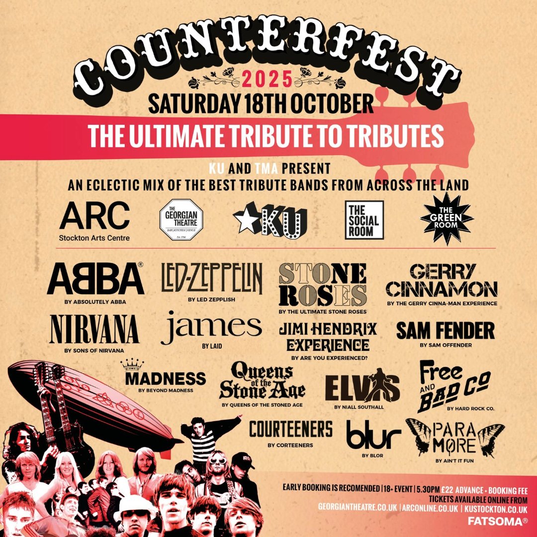 Saturday 18th October - COUNTERFEST - THE ULTIMATE TRIBUTE TO TRIBUTES

Counterfest is back with its 2025 edition featuring 15 top tributes across 5 stages!

🎟 fatsoma.com/e/tfi3qc5p/la/…