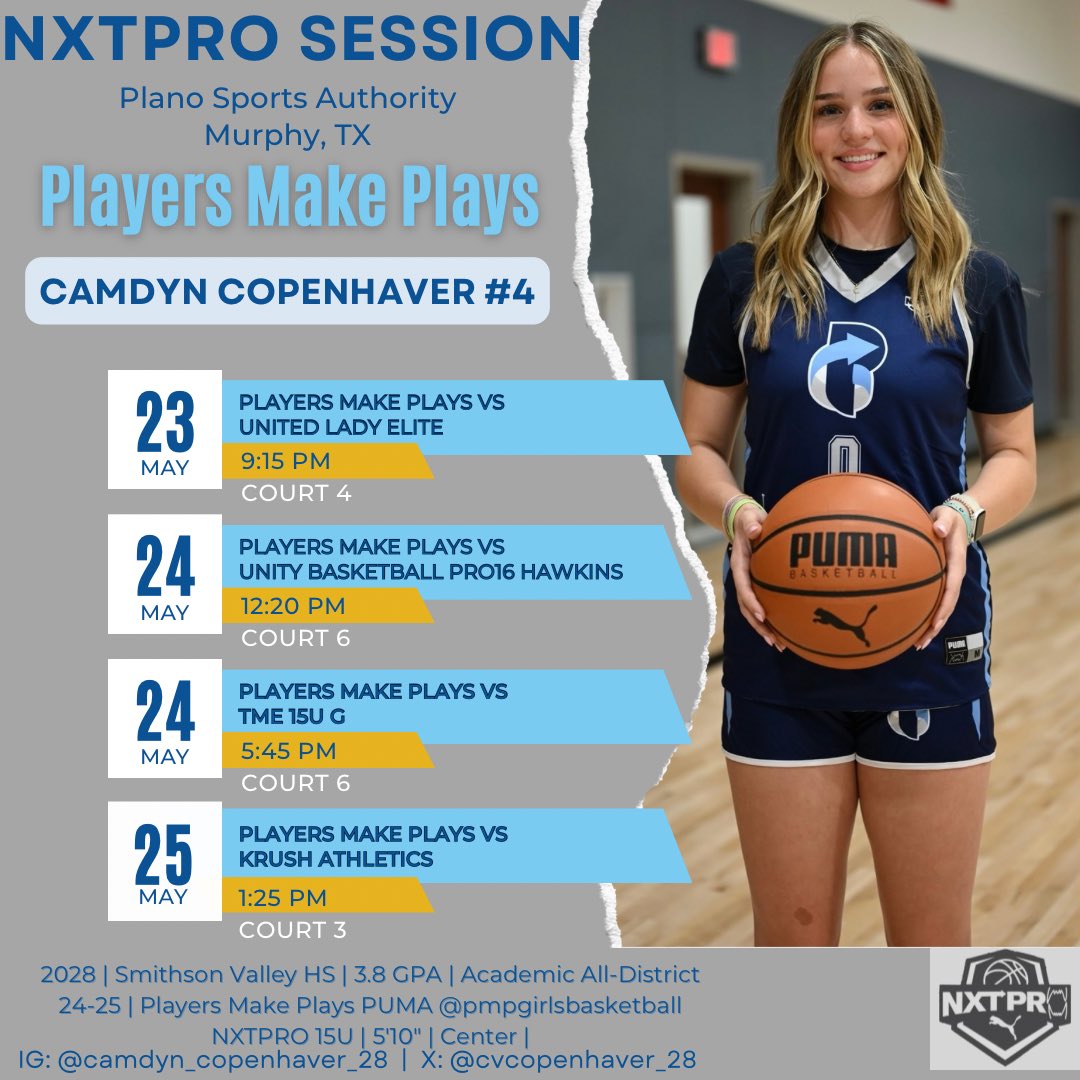Camdyn Copenhaver (@cvcopenhaver_28) on Twitter photo 🚨 Excited to announce my team <a href="/pmpgirlsbball/">Players Make Plays (PMP) Girls Basketball</a> will be competing in the <a href="/PRO16G/">NXTPRO Girls League</a> this weekend!!🏀🔥
#godfirst #puma #nxtpro #collegebound #girlsbasketball
📍 Plano, TX
🎥 Highlight Reels: youtube.com/@camdyncopenha… 🚨 Excited to announce my team <a href="/pmpgirlsbball/">Players Make Plays (PMP) Girls Basketball</a> will be competing in the <a href="/PRO16G/">NXTPRO Girls League</a> this weekend!!🏀🔥
#godfirst #puma #nxtpro #collegebound #girlsbasketball
📍 Plano, TX
🎥 Highlight Reels: youtube.com/@camdyncopenha…