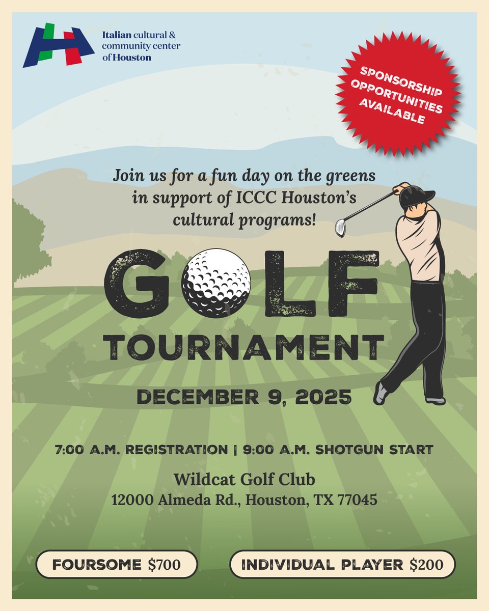 ICCCHouston's tweet photo. The Italian Cultural &amp; Community Center is excited to launch its first golf tournament at Wildcat Golf Club! Bring your friends and join us for a fun day on the greens in support of ICCC Houston’s cultural and educational programs. Go to https://t.co/2tbcOjGsiz to register now. https://t.co/SZetu7aksp