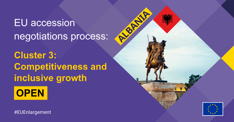 eu_enlargement_'s tweet photo. Good news for Albania!

The opening of Cluster 3 negotiations at the 5th Accession Conference brings 🇦🇱 closer to the 🇪🇺

Progress in this cluster will be key to areas like the digital transition, taxation &amp; education, which will boost Albania's competitiveness &amp; inclusive growth