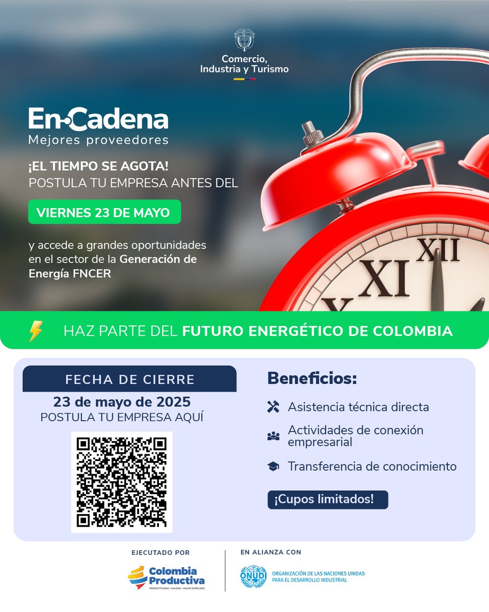 🚨¡Último día de convocatoria!

Si quieres que tu mipyme haga parte de la transición energética y conecte con grandes oportunidades del sector, ¡este es el momento! ⚡️

Postúlate antes del 23 de mayo en bit.ly/4kZ4a90 

#EnCadenaMejoresProveedores #GobiernoDelCambio