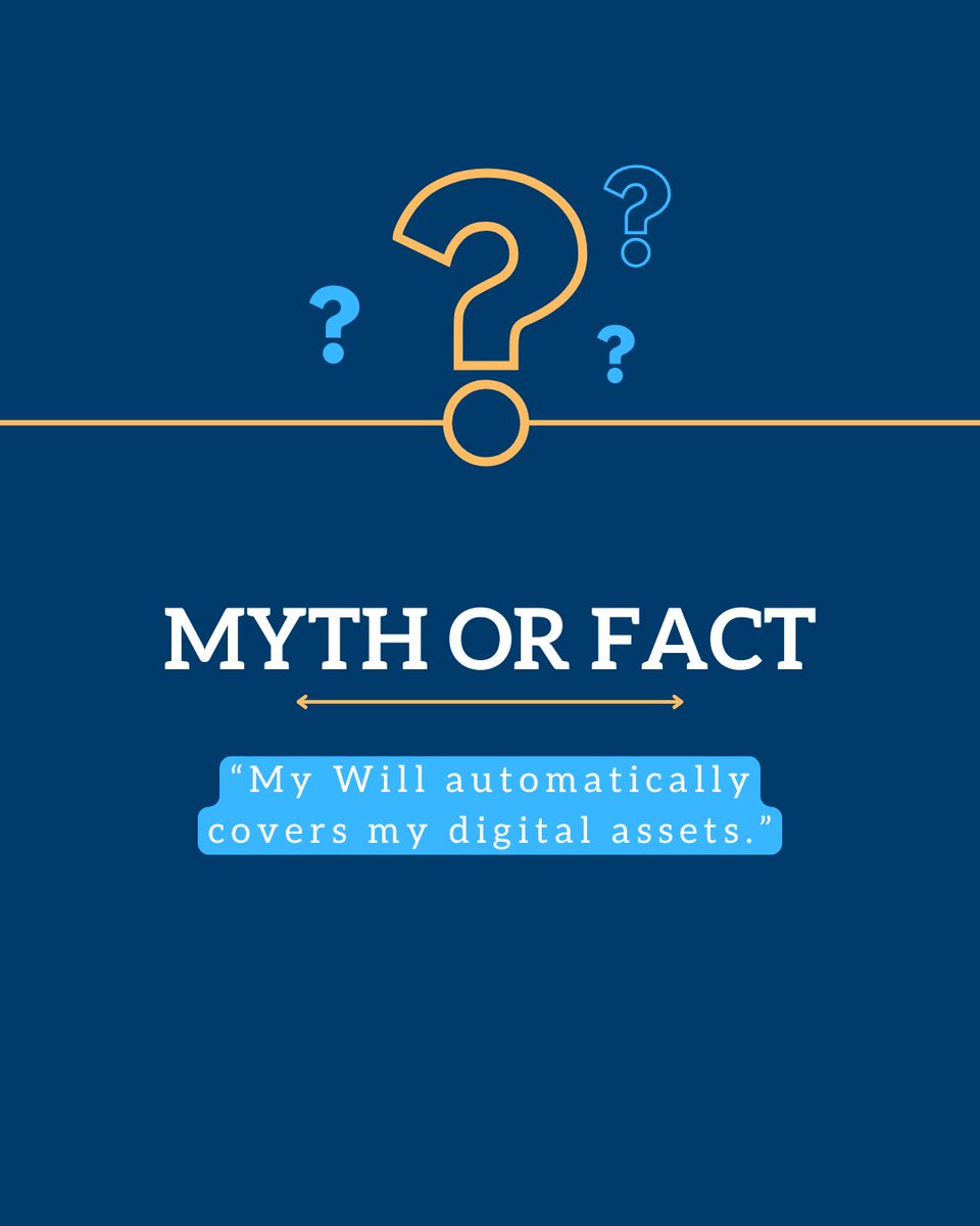 1stlinefuture's tweet photo. 🧠 Myth or Fact? “My Will automatically covers my digital assets.”

❌ Myth! Wills often overlook online accounts like emails &amp; cloud storage.

✅ Fact: You need to clearly document digital assets in your estate plan.

📞 0800 009 6494

#DigitalLegacy #EstatePlanning #MythOrFact https://t.co/dnI87rEDrP