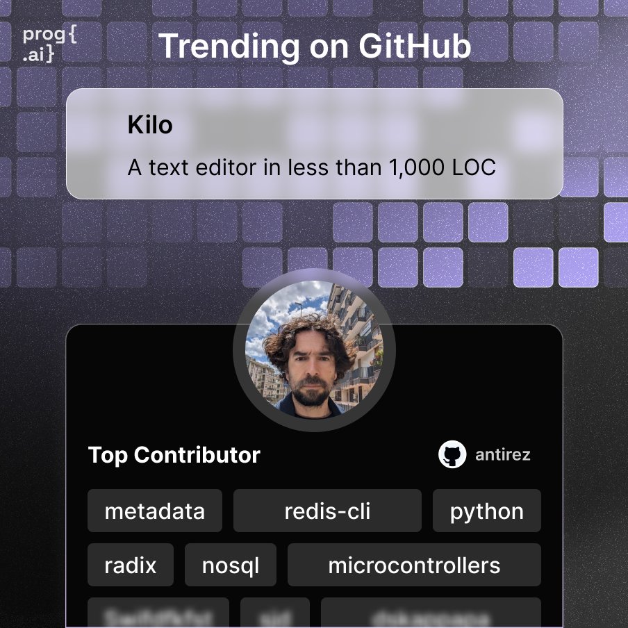 getprogai's tweet image. Trending on GitHub: Kilo
A small text editor in under 1,000 lines of code.

Bravo to its creator and top contributor, @antirez
