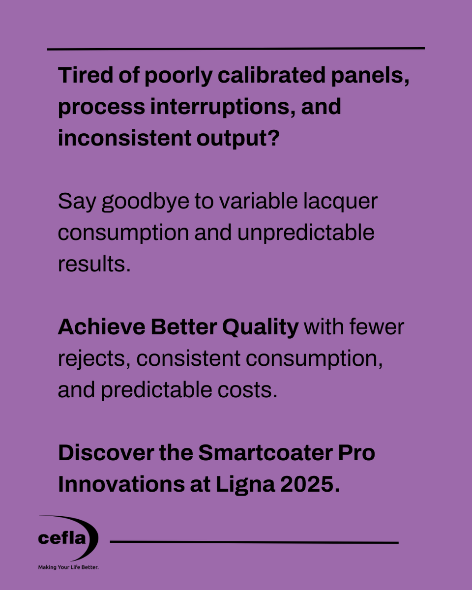 CeflaFinishing's tweet photo. Is your finishing line performing at its best?
Take control of costs, consumption, and quality with #CeflaFinishing.
📍 Meet us at #LIGNA25 – Hall 17, Booth F45
📅 26–30 May | Hannover
👉 https://t.co/KnI3s8f7gK
#MakingYourLifeBetter #FinishingSolutions #LIGNA25 https://t.co/UeE9R14Xbx