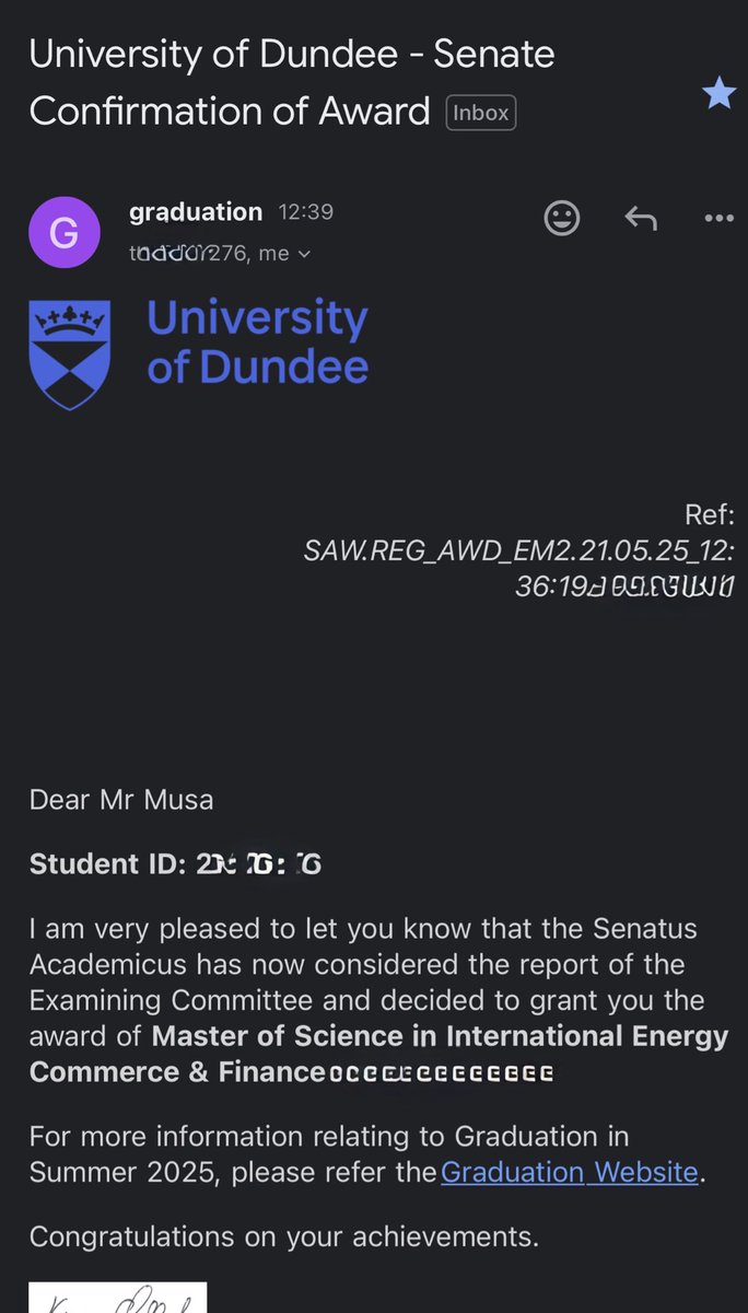 SaniMusa_'s tweet photo. More than just a birthday —today, I officially received the Senate Confirmation of my MSc from the University of Dundee.

I hadn’t planned to post about my birthday, but this achievement felt too special to keep to myself. May Allah continue to bless our paths. HBD to me!🎉 https://t.co/E4OLfD97Xy