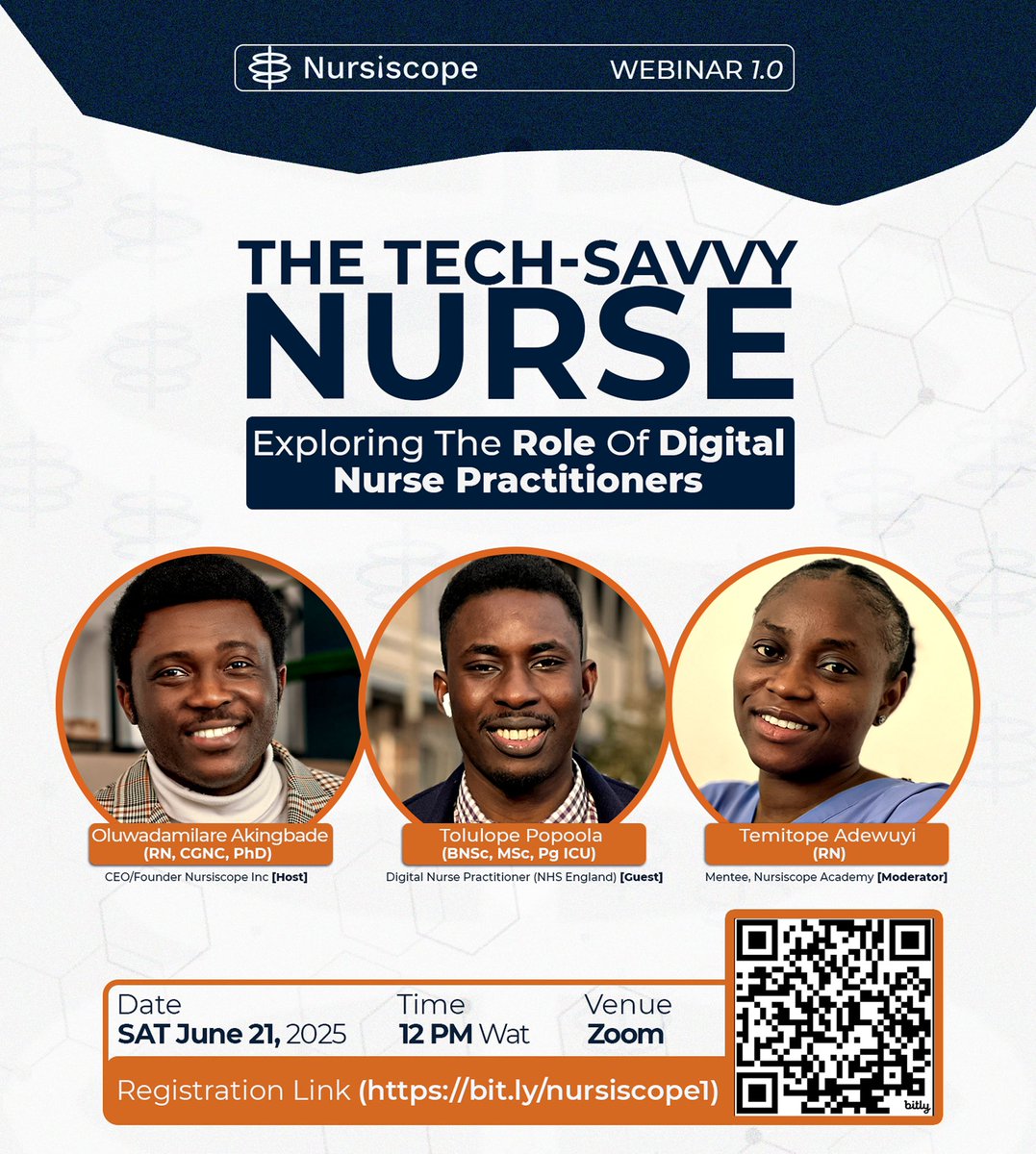 Beyond the Bedside: Exploring the Role of Digital Nurse Practitioners

Join us for Nursiscope Webinar 1.0

Date: Sat. Jun 21, 2025

Time: 12 PM WAT

Venue: Zoom

🔗 Register now: bit.ly/nursiscope1

#Thread