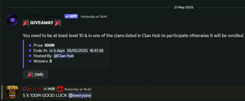 500M Giveaway in discord.gg/clanhub get involved