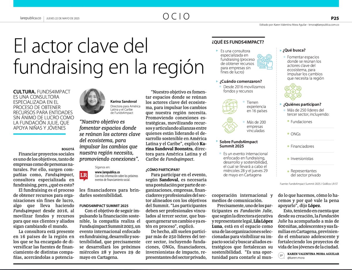 soniberth's tweet image. PR: Agradecida con La República, por difundir el Funds4impact Summit 2025. El evento, enfocado en fundraising y desarrollo, contará con la participación de diversas organizaciones como The Rockefeller Foundation. Link larepublica.co/ocio/funds4imp…
#PR #RelacionesPúblicas #Publicity