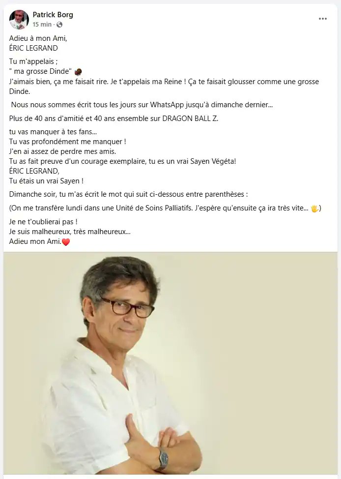 DBZcom's tweet image. Le message de Patrick Borg (voix de Goku) en hommage à la disparition d&apos;Eric Legrand…