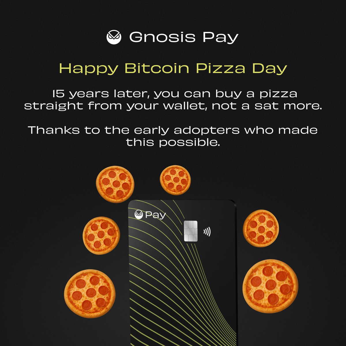Gnosis Pay 🦉💳 (@gnosispay) on Twitter photo We only got this far thanks to early adopters like Laszlo Hanyecz 🦉
✦ Now it’s possible to pay for a pizza straight from your self-custodial <a href="/safe/">Safe.eth</a> wallet
✦ Getting up to 5% Cashback
✦ With Apple Pay or Google Pay
✦ With funds coming from <a href="/aave/">Aave</a>, powered by <a href="/zealwallet/">Zeal | Reclaim Your Yield</a>
Happy We only got this far thanks to early adopters like Laszlo Hanyecz 🦉
✦ Now it’s possible to pay for a pizza straight from your self-custodial <a href="/safe/">Safe.eth</a> wallet
✦ Getting up to 5% Cashback
✦ With Apple Pay or Google Pay
✦ With funds coming from <a href="/aave/">Aave</a>, powered by <a href="/zealwallet/">Zeal | Reclaim Your Yield</a>
Happy