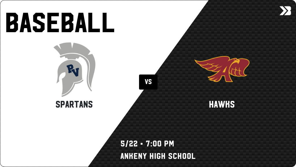 PVSpartanPride's tweet photo. Baseball (Varsity) Game Day! - Check out the event preview for the The Pleasant Valley Spartans vs The Ankeny Hawks. It starts at 7:00 PM and is at Ankeny High School Baseball Field. https://t.co/bM7MPI8fCK https://t.co/hi8jAAQQwt