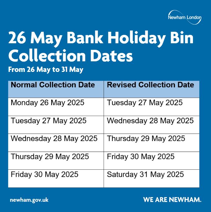 Newham London đź’™ (@newhamlondon) on Twitter photo Bank Holiday bin collection changes!
Collections in Newham will take place one day later than usual due to the 26 May Bank Holiday. Check your revised collection date now to avoid missed bins: orlo.uk/pdupy Bank Holiday bin collection changes!
Collections in Newham will take place one day later than usual due to the 26 May Bank Holiday. Check your revised collection date now to avoid missed bins: orlo.uk/pdupy