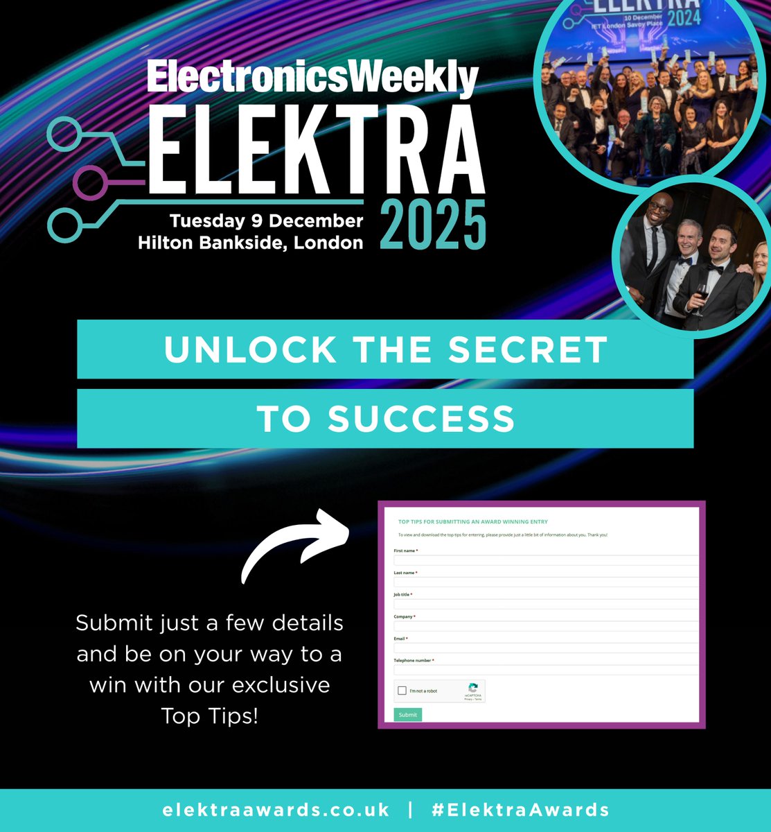 ElectronicsNews's tweet image. Only 3 weeks left to enter the #ElektraAwards - it&apos;s time to craft your nomination in one of our 18 exciting categories. 

Download Top Tips for a winning submission here ➡️bit.ly/43s4Uf4 💪 

#ElectronicsExcellence #ElectronicsWeekly #ElectronicsIndustry
