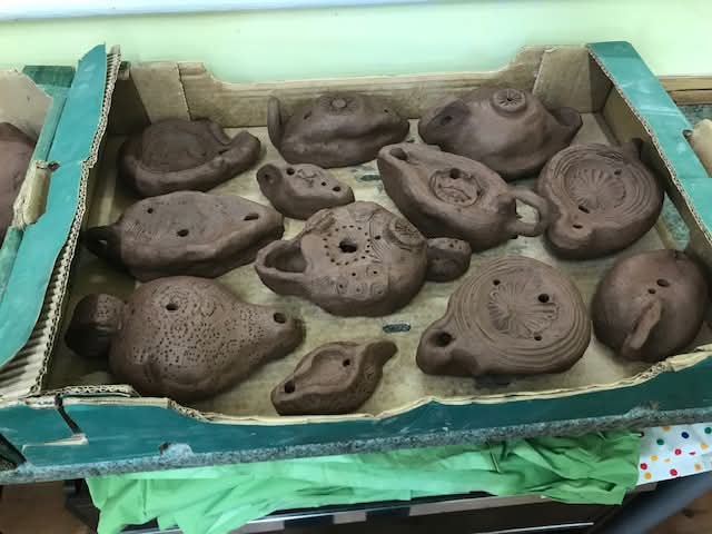 A welcome return of Andrew &amp; Victoria MacDonald from the Pot Shop,  Lincoln, who ran another workshop for us making Roman oil lamps. It was good fun playing with wet clay but not as easy as you think to make something recognizable that did not collapse! Thank you both.